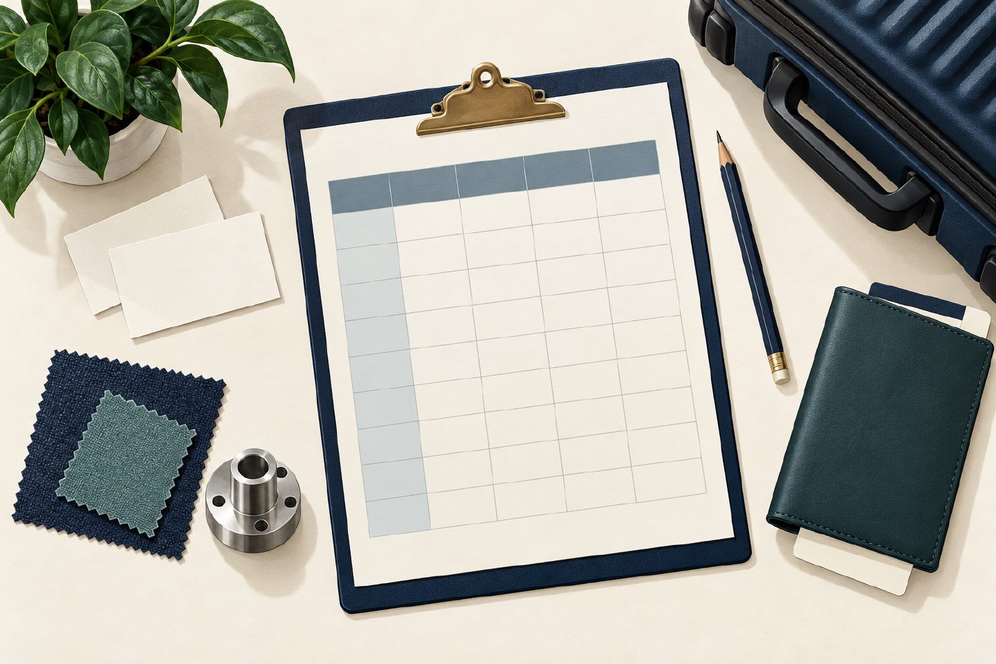 Editorial illustration of a blank supplier comparison sheet, business cards, product samples and travel essentials on a desk